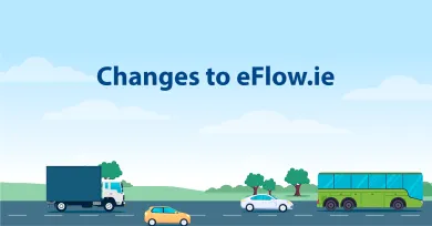 The image shows a motorway with four vehicles driving on it. The text reads "Changes to eFlow.ie" 