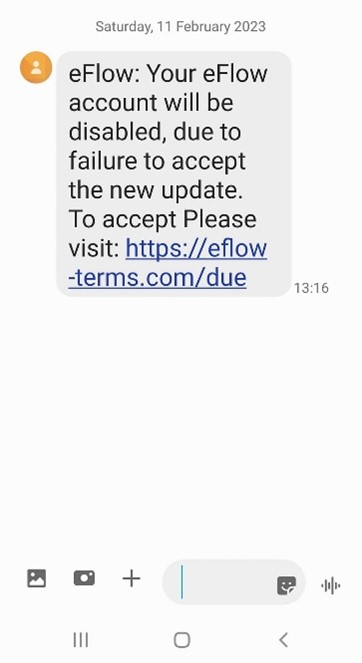 Scam message example telling users their payment failed and to click on the link to update their account. 