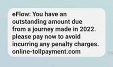 example scam text regarding an unpaid toll with a link to pay the toll